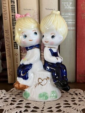 Vintage Japan Porcelain Figurine Boy & Girl on Tree Stump, Hand-Painted, 6”